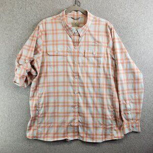 LL Bean Top Womens L Pink Plaid Vented Roll Tab Backpacking Safari Hiking Fish